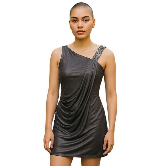 JS Boutique 8 Beaded Strap Gathered Mini Cocktail Dress Silver Metallic Sparkle - Picture 1 of 7